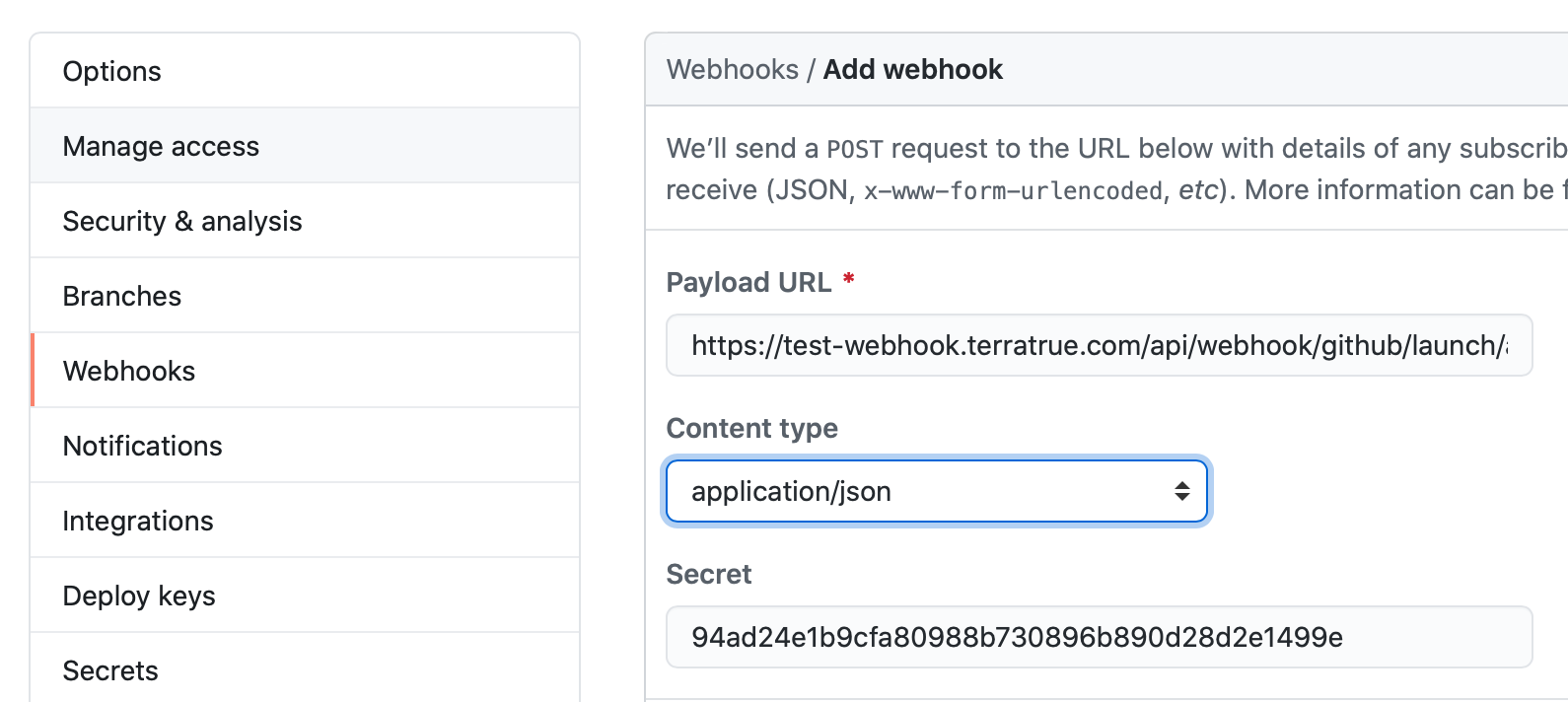 Configure github webhooks page. 