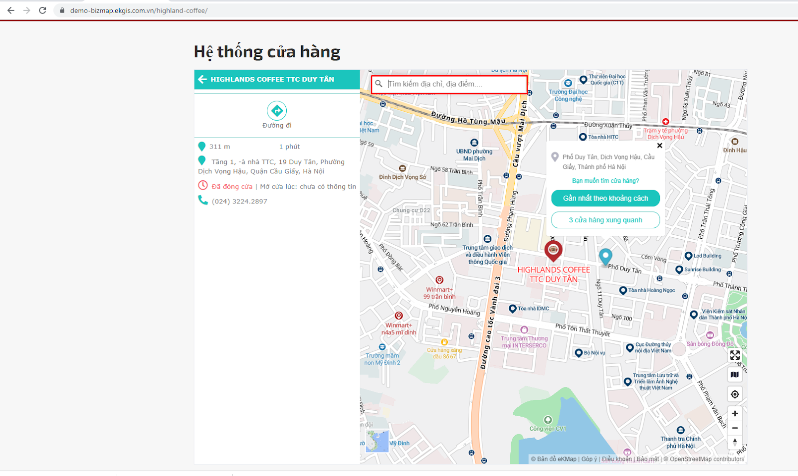 Hỗ trợ tìm kiếm cửa hàng tại vị trí bất kỳ