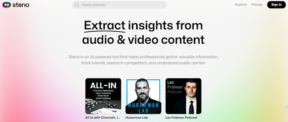 Steno AI. extract insights from video and  audio. Homepage screenshot