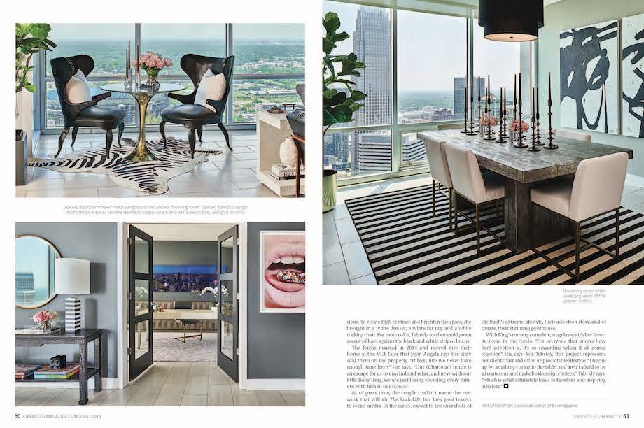 Tearsheet demonstrating how home and garden photography is used in a magazine. It is a double spread of three images of a beautifully styled interior. The rooms are a dining room, breakfast nook, and entryway to an office in a luxury highrise apartment.