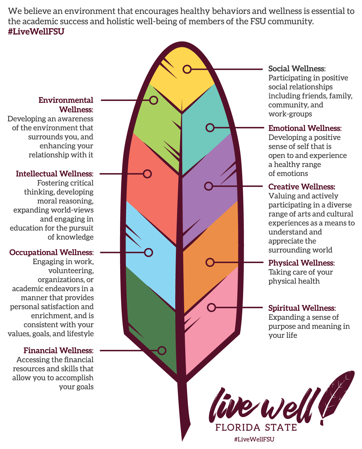 Flyer with details about the nine dimensions of wellness. 
