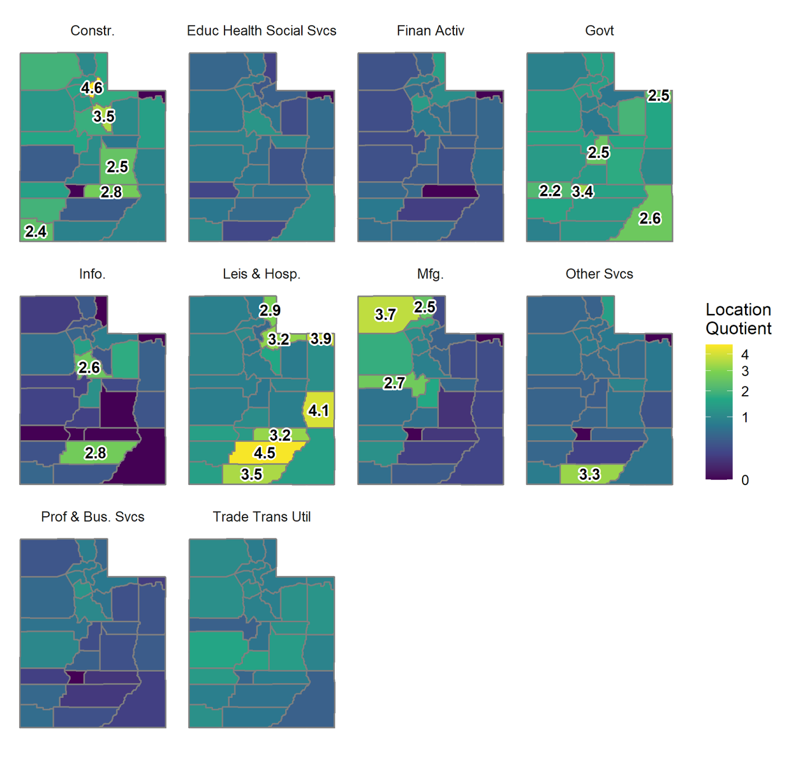 Figure 3. Location Quotient (LQ) values per supersector, excluding Natural Resources & Mining, for Utah Counties, September 2021. LQ’s greater than two are labeled.