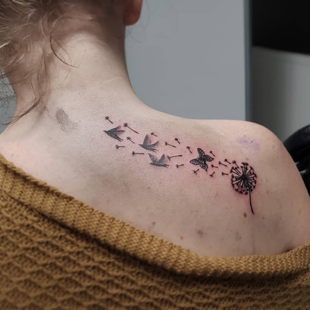 Dandelion Tattoo On Back Shoulder Image