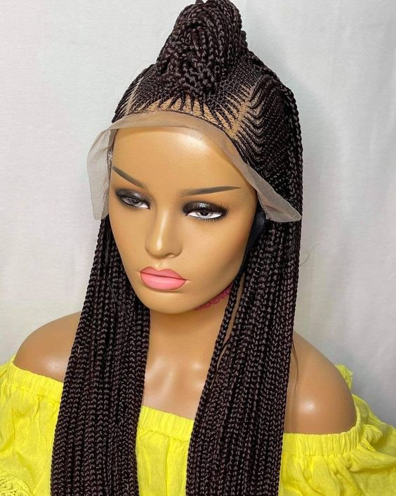 black cornrow wig on mannequin