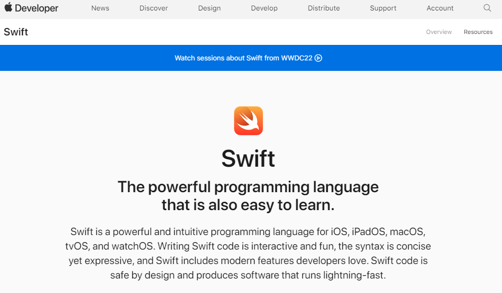 Página inicial do site da linguagem Swift