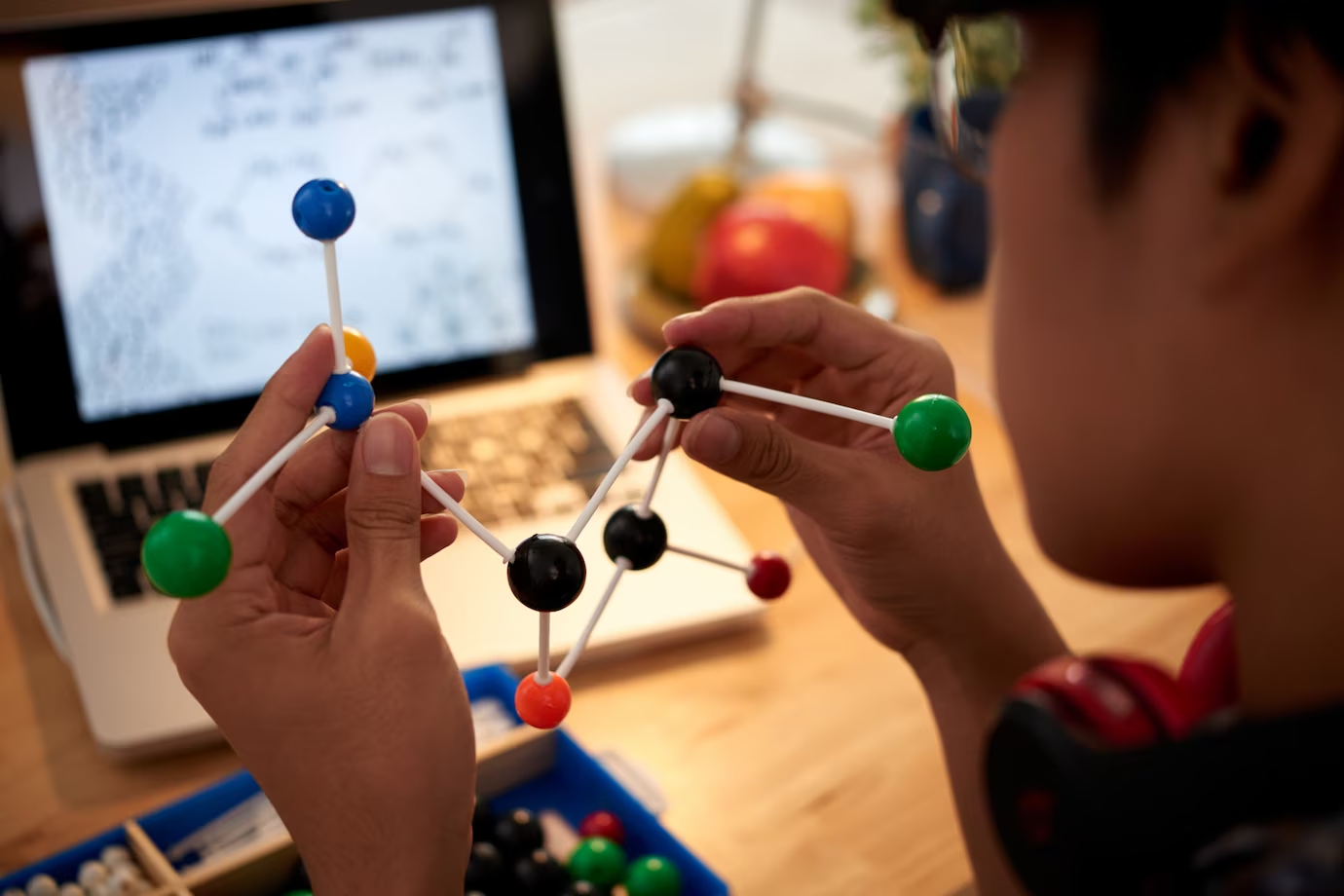 Science enthusiast examines molecular models with passion.