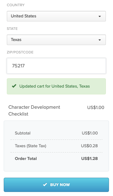 A screenshot showing how the customer enters their state and zip code at checkout on Payhip