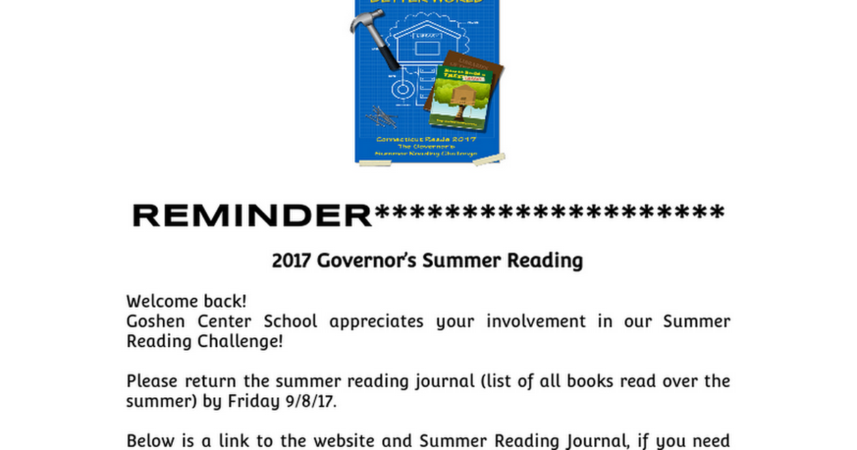Governor's Summer Reading Challenge e-blast 2017