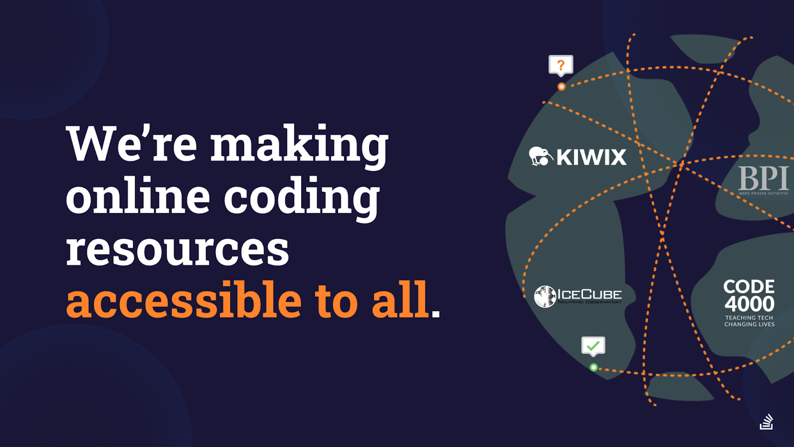 Text reads, "We're making online coding resources accessible to all." Shows a globe with the logos for Kiwix, BPI, IceCube, and Code 4000.