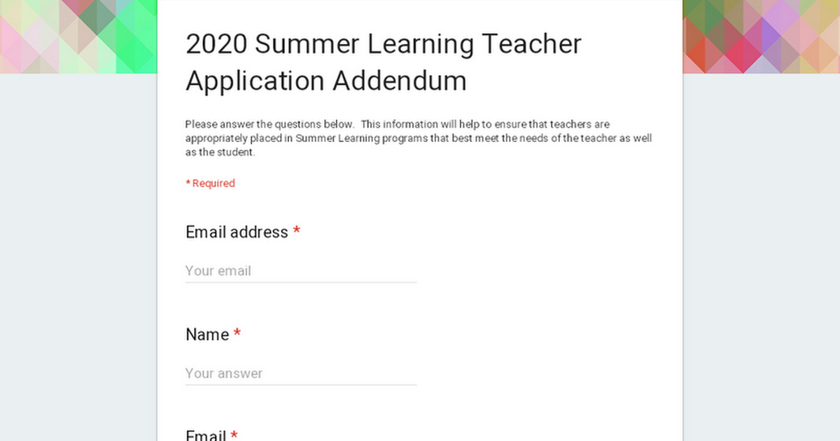 2020 Summer Learning Teacher Application Addendum