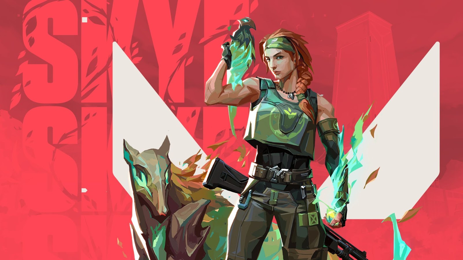 Skye wearing a green outfit pats a hawk on her shoulder while a spirit dog stands next to her in VALORANT.