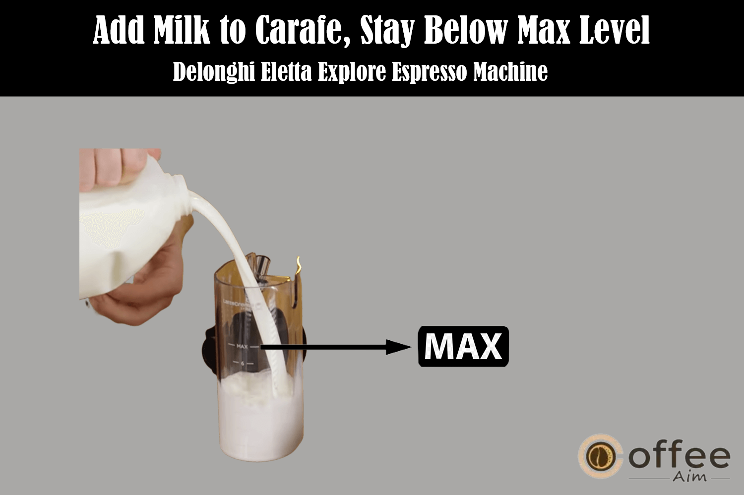 "The image demonstrates how to fill the milk carafe of the "Delonghi Eletta Explore Espresso Machine" without surpassing the MAX level, a crucial step highlighted in the article "How to Use the Delonghi Eletta Explore Espresso Machine."