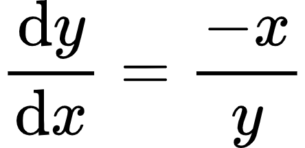 {"type":"align*","id":"8-2-2","font":{"family":"Arial","size":10,"color":"#000000"},"code":"\\begin{align*}\n{\\diff{y}{x}}&={\\frac{-x}{y}}\t\n\\end{align*}","ts":1603623664805,"cs":"A0x/TDG6Zjf8GHs7ApP1PA==","size":{"width":73,"height":36}}
