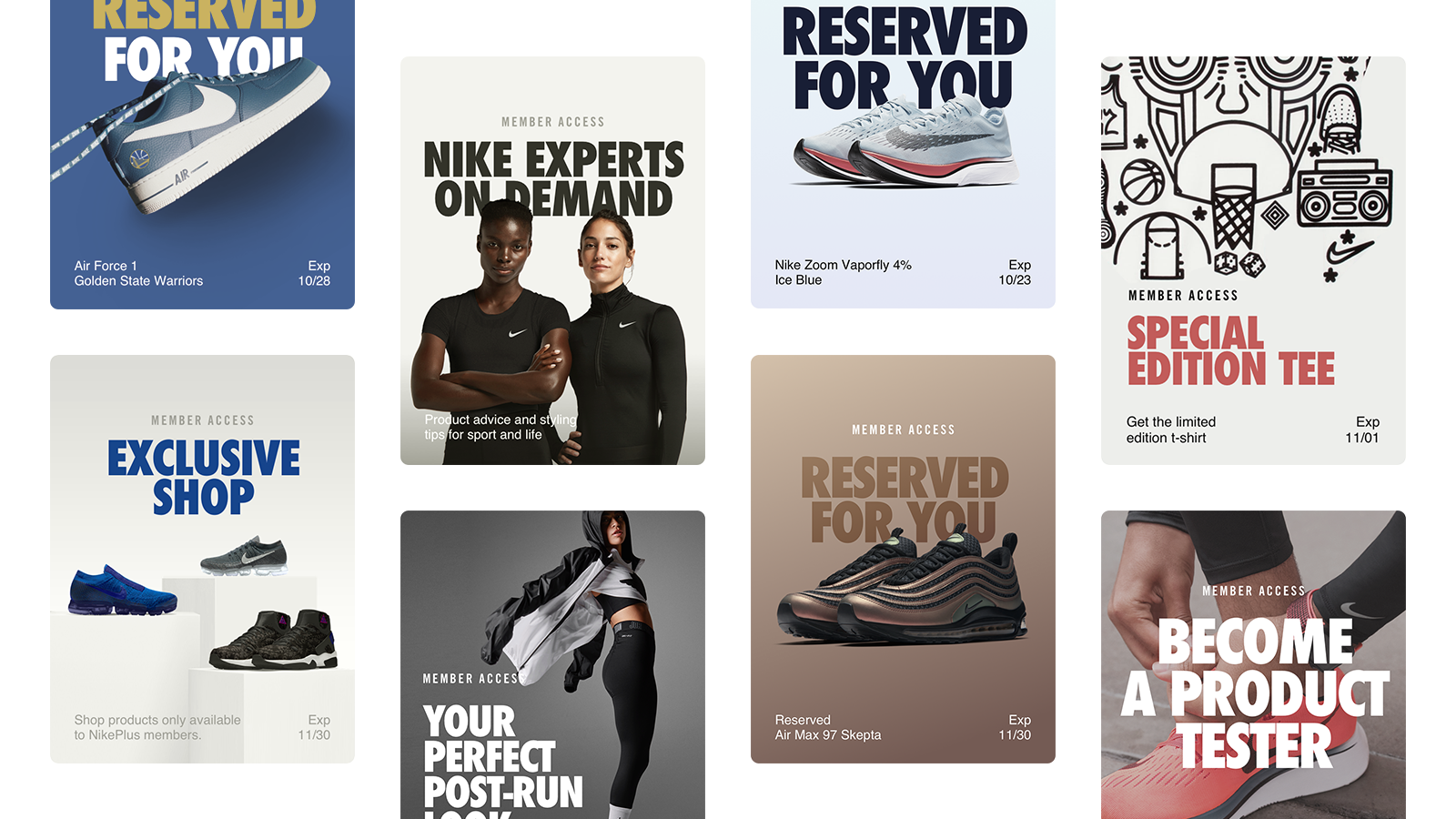 Images from 8 different Nike advertisements for the Nike Membership with images of shoes, athletes, and graphics.