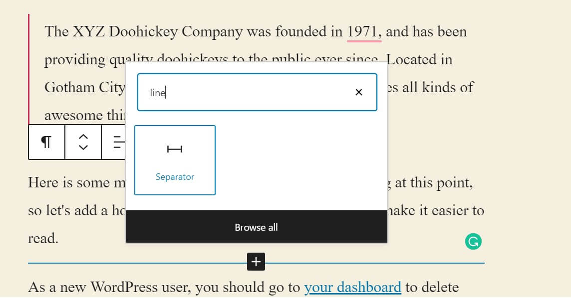 Screen shot of step two on how to add a horizontal line in WordPress block editor