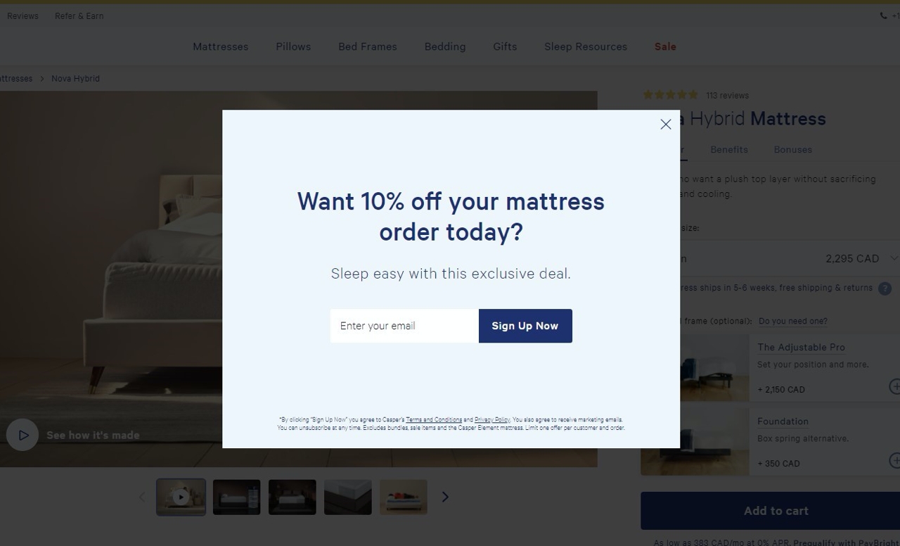 Casper tries to re-engage abandoning visitors with an exit-intent popup and a discount