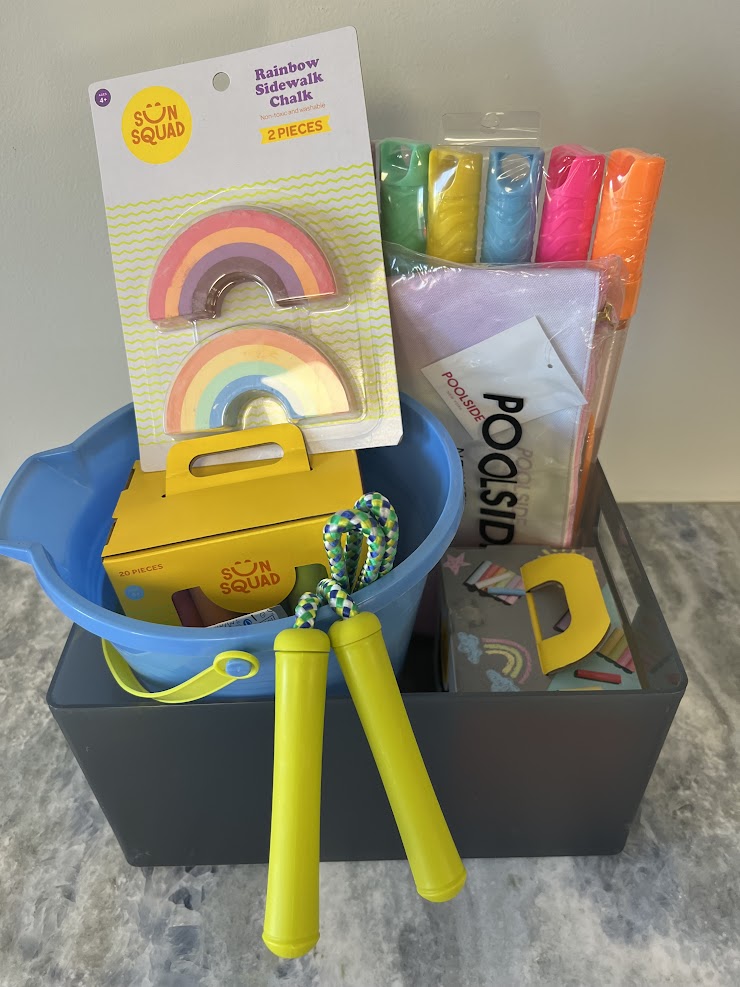 6 Bubble Wands, 2 -20 piece Chalk sets, 2 piece Rainbow Side Walk Chalk, 7 ft. Jump Rope, Beach Bucket and Shovel, Poolside Pouch
-Donated by FAW Friends & Families