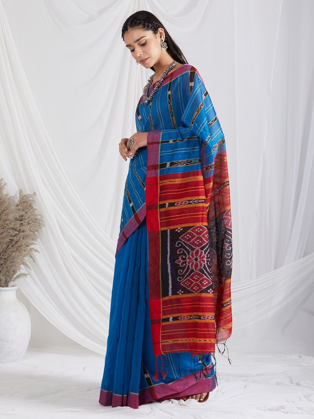 the loom - Blue Ikat Handwoven cotton silk saree