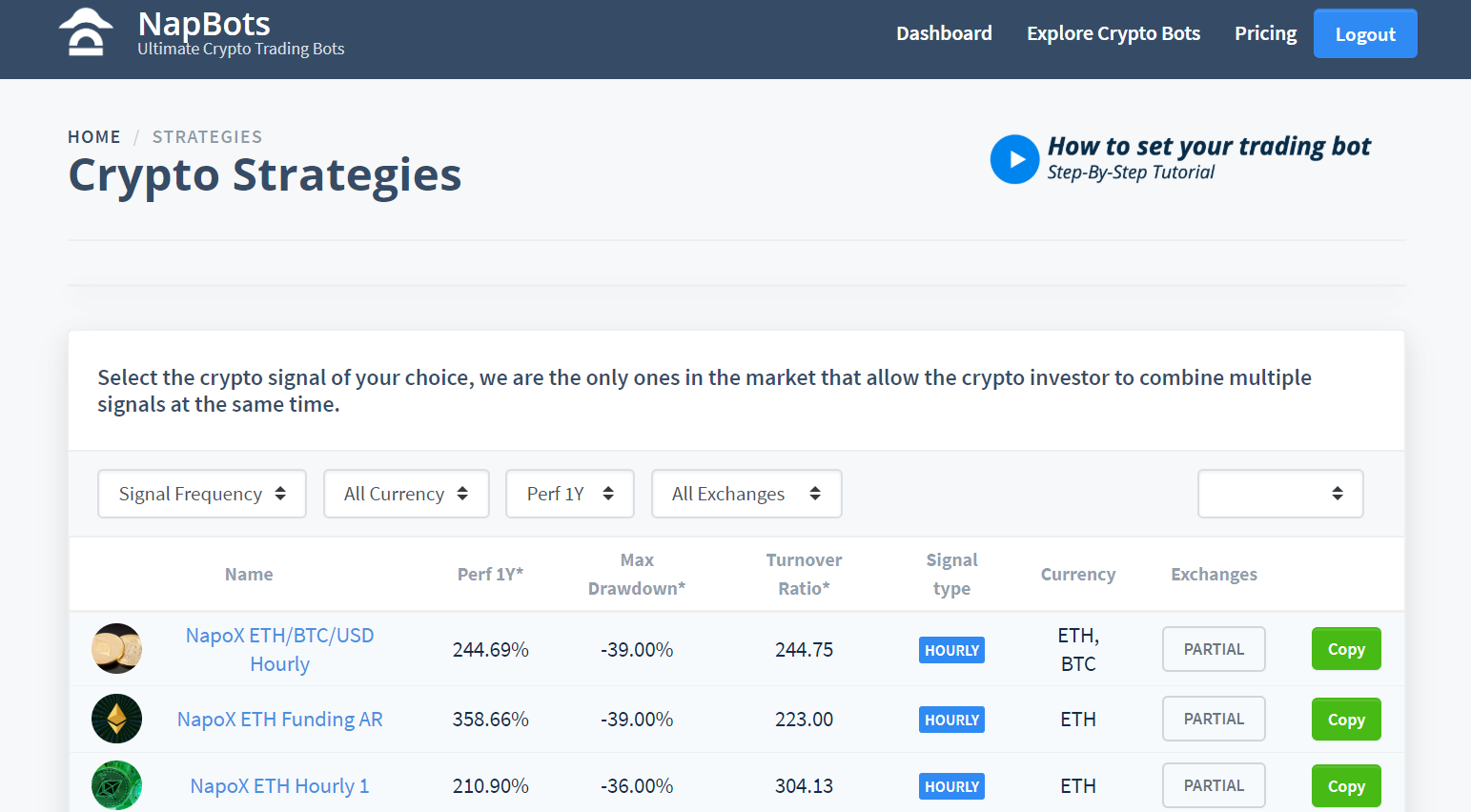 Dashboard présentant les différentes stratégies de trading pour programmer votre bot de trading 