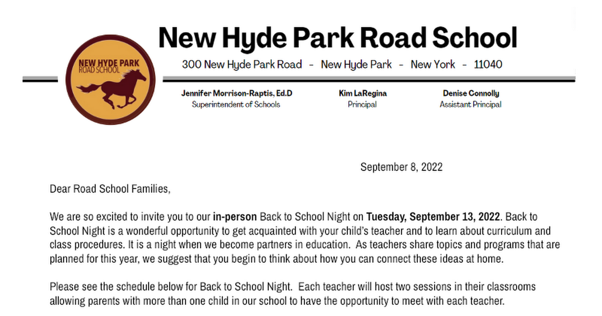 Back to School Night Parent Letter 2022