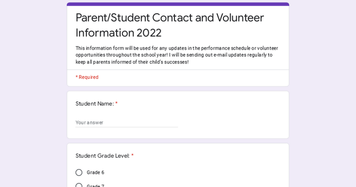 Parent/Student Contact and Volunteer Information 2022