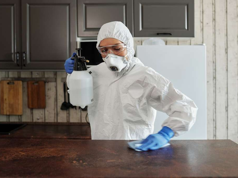 A home cleaner giving a table a deep cleaning.