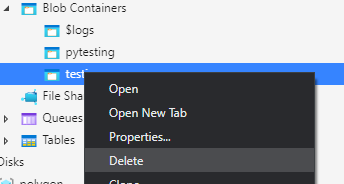 Deleting a container through Blob Storage Explorer