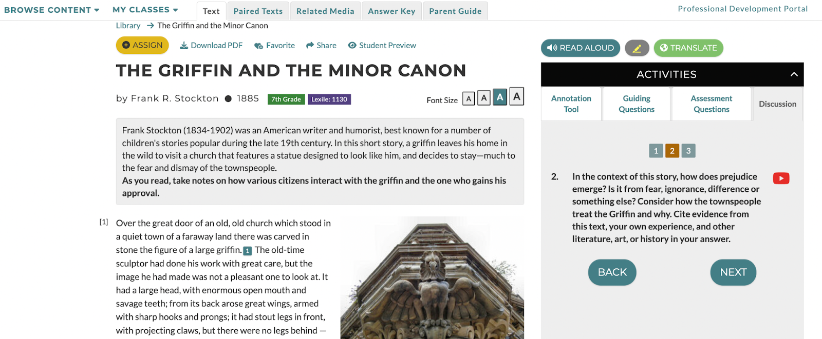 screenshot of commonlit text "the griffin and the minor canon"