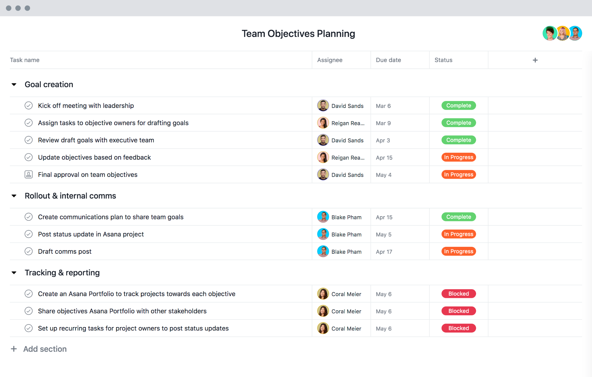 Asana project template example