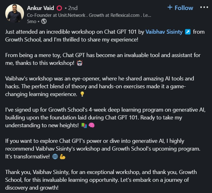 Review of ChatGPT workshop by GrowthSchool on LinkedIn by one of the attendee