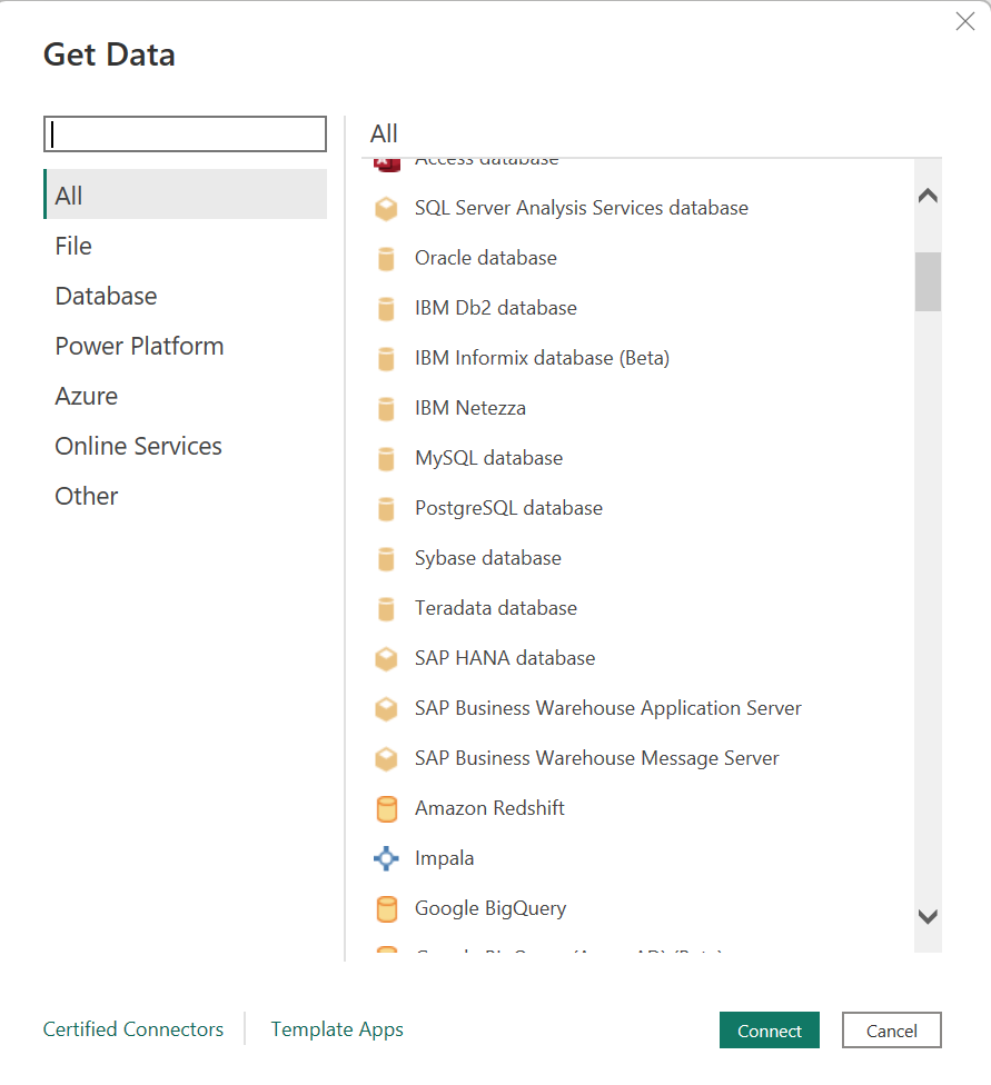 Power BI can access data from different types of databases.