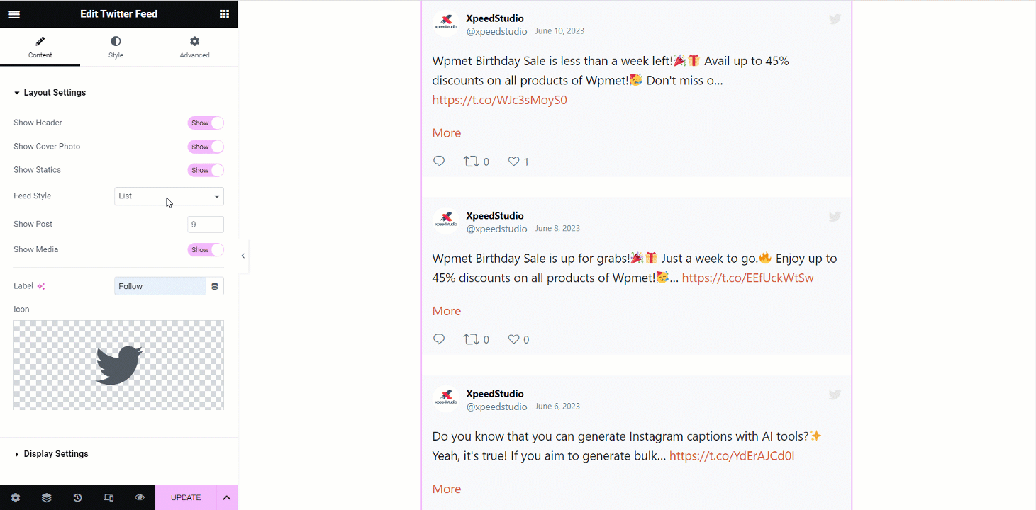 Progetta la sezione dei contenuti del widget Feed Twitter di ElementsKit