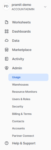 Admin section and usage dropdown menu - Snowflake data transfer costs