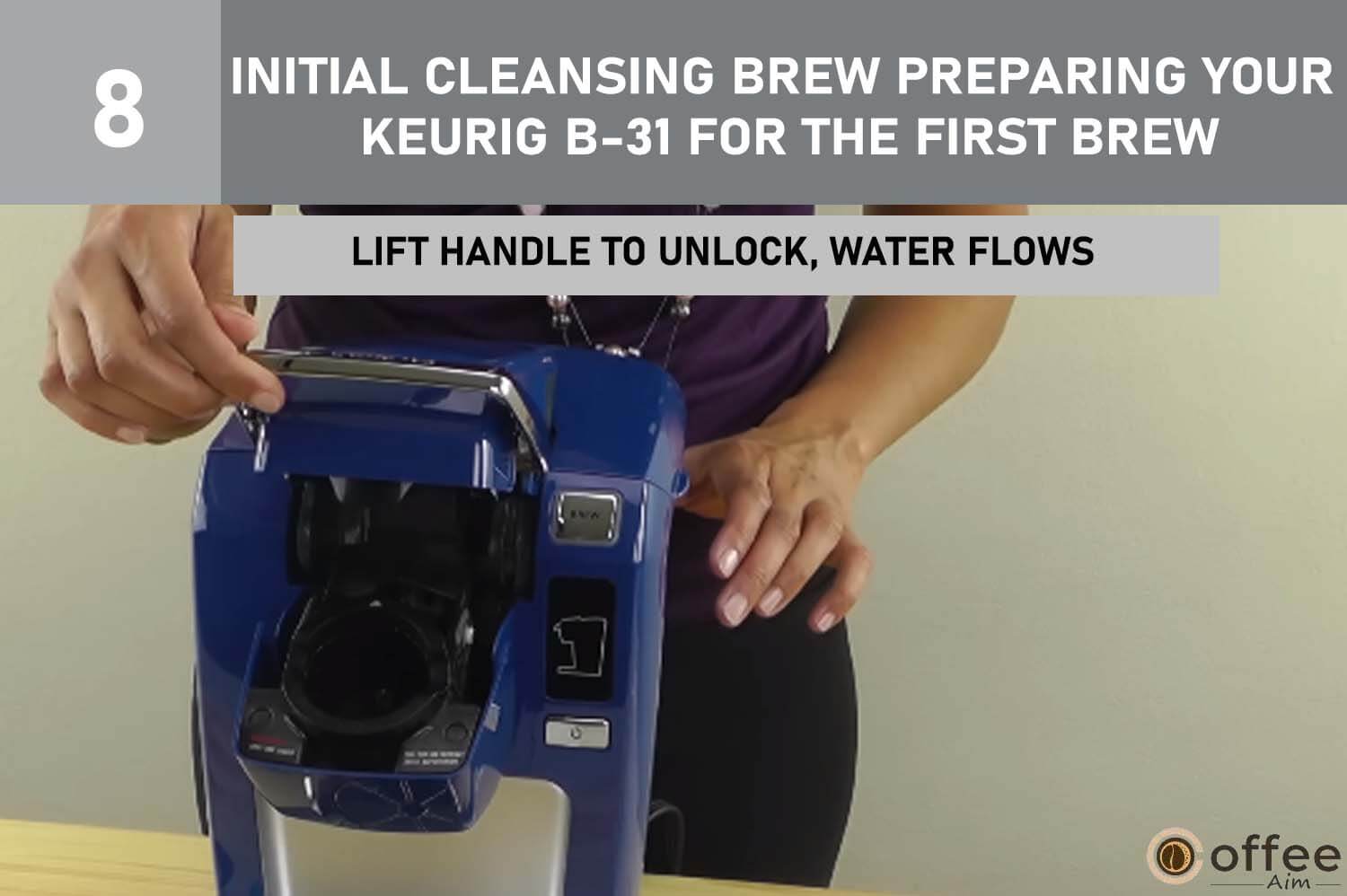 This image illustrates the action of "Lift the Brewer Handle to initiate water flow" as part of the "Initial Cleansing Brew: Preparing Your Keurig B-31 for the First Brew" process outlined in the article "How To Use Keurig B-31