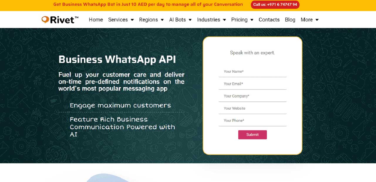 Best WhatsApp chatbot providers in the UAE | information page from Rivet's website