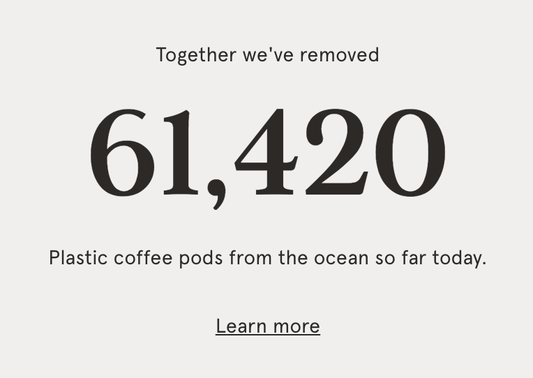 Text and numbers on a blank background detailing how Grind coffee removed 61,420 plastic coffee pods from the ocean