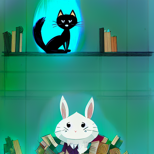 A cat on a high shelf with books looks down on a white rabbit in a pile of books.