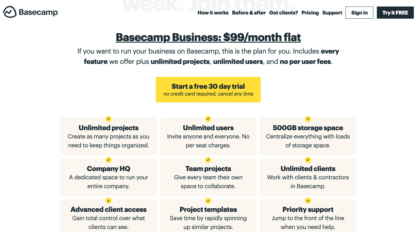 best product led growth example Basecamp's Free Trial sign up page