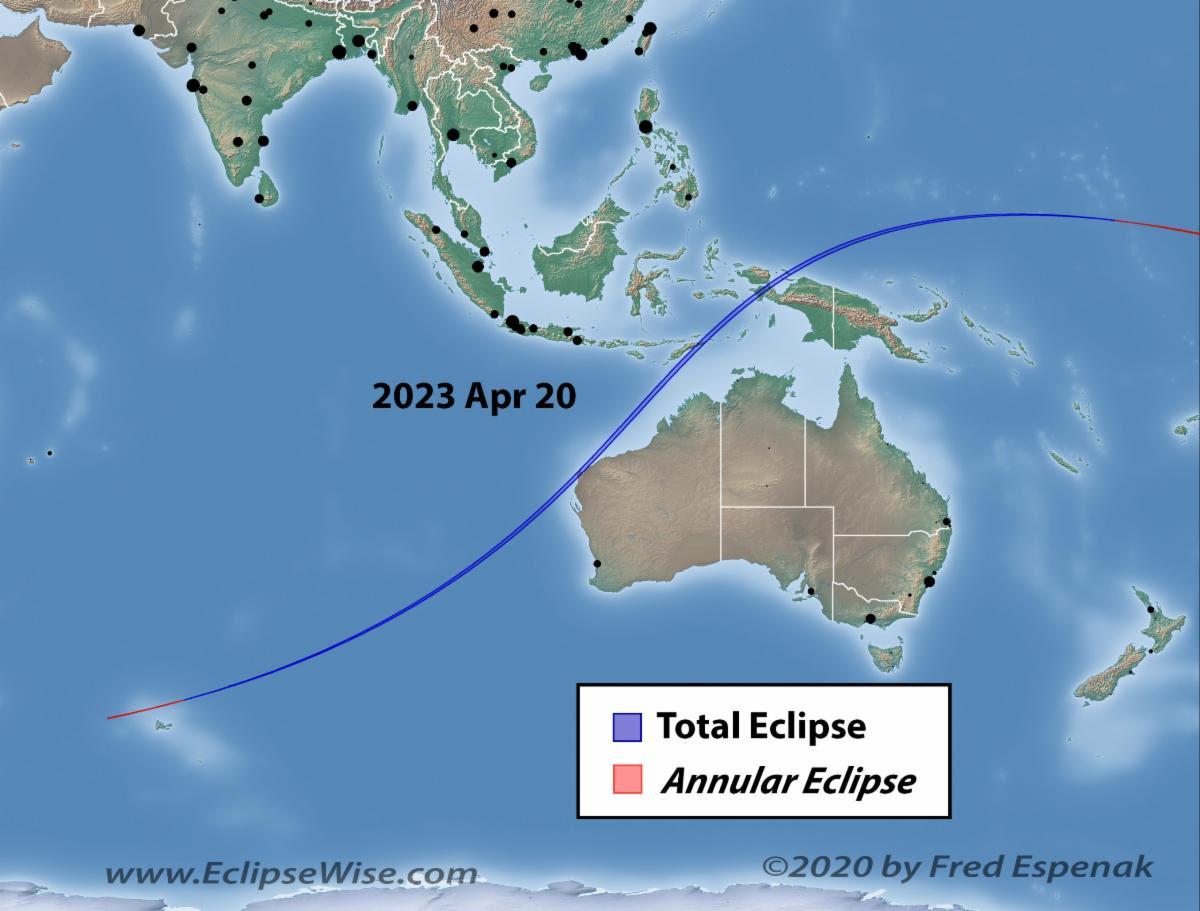 Eclipse Predictions by Fred Espenak eclipseWise dot com image shows the path from the Indian Ocean to the Pacific Ocean of a total solar eclipse with annular views on each end.