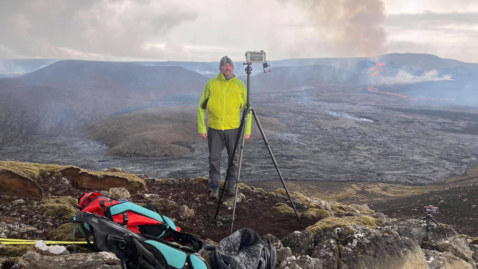Robb Montgomery reporting with smartphone in Iceland on the latest volcano eruption.
