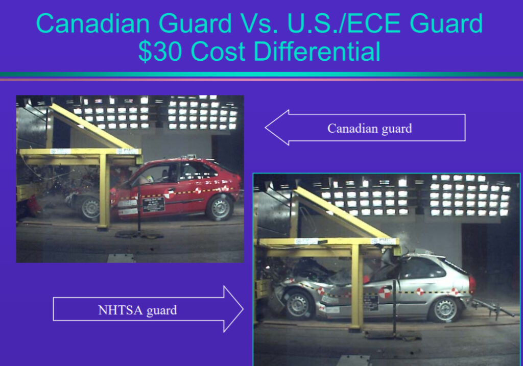Photo of the difference between Canadian and NHTSA rear guards for a semi truck underride accident