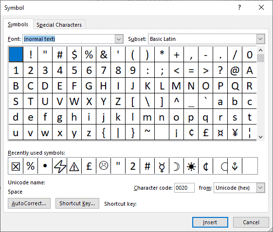 Microsoft Word Symbol Window
