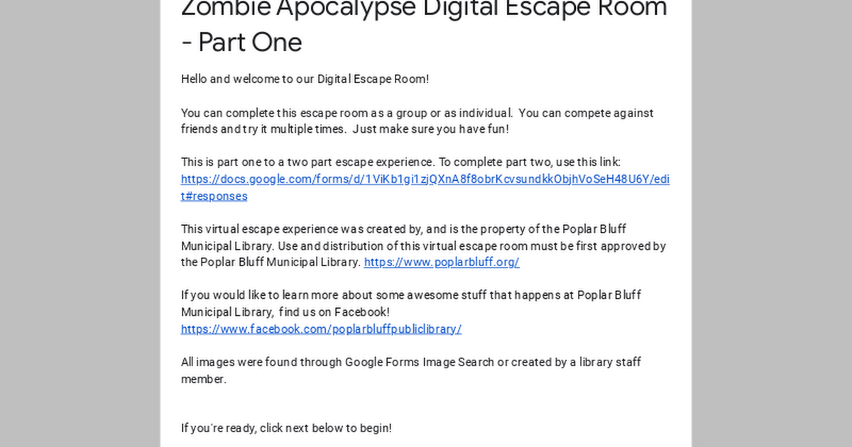 Zombie Apocalypse Digital Escape Room Part One
