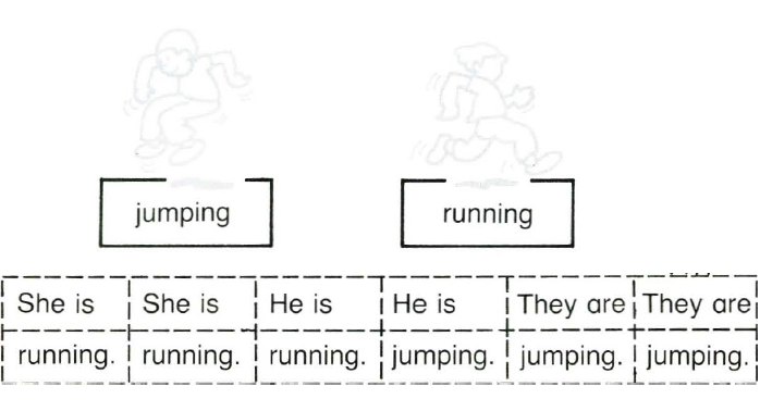Usa los verbos "jumping" y "Running" y las palabras del cuadro de abajo.