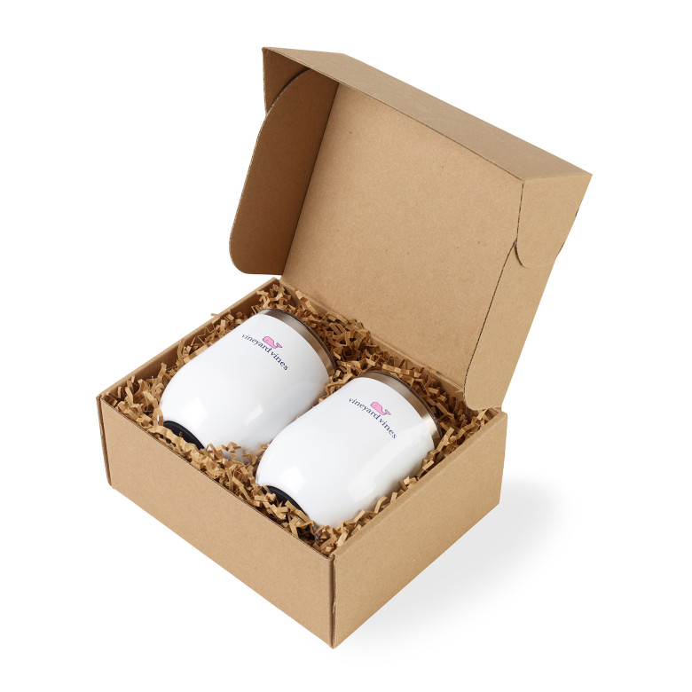 A paper box with two white customized travel mugs