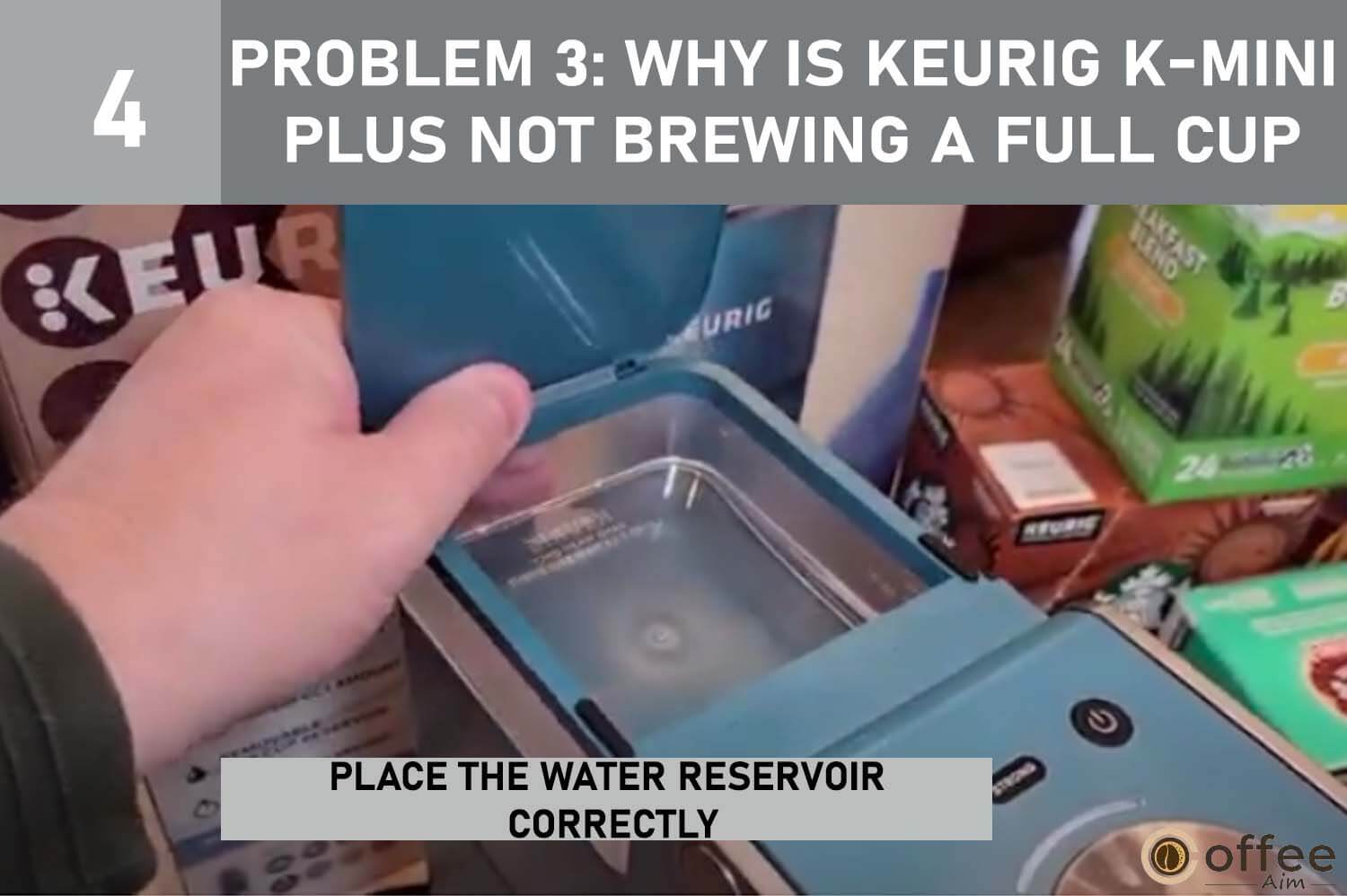 This image demonstrates the correct placement of the Water Reservoir, addressing Problem 3: Why the Keurig K-Mini Plus is Not Brewing a Full Cup? in our "Keurig K-Mini Plus Problems" article.     