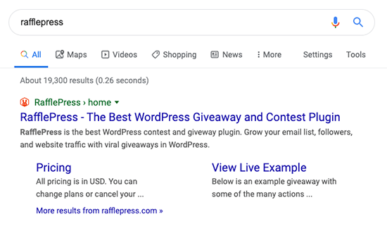 Exemplo de link de site RafflePress