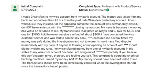 A negative Wise review from a customer who had trouble transferring money online. 