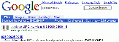Screen shot of link to UPC information