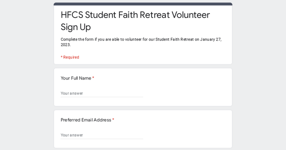 HFCS Student Faith Retreat Volunteer Sign Up